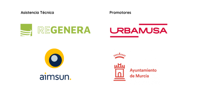 Empresas que trabajaron juntas para que el PMUS saliera adelante. Aparece el logo de REGENERA ENERGY, URBAMUSA, AIMSUN y El Ayuntamiento de Murcia.